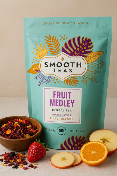 Smooth Teas Fruit Medley package with tea leaves, fruits, and a bowl on a neutral background